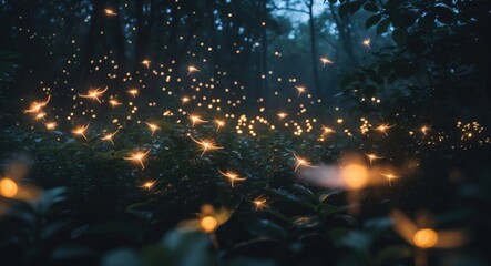 Naklejka premium Fireflies Illuminating A Forest At Night Long Exposure Photograph With Soft Lighting And Empty Space For Text Overlay