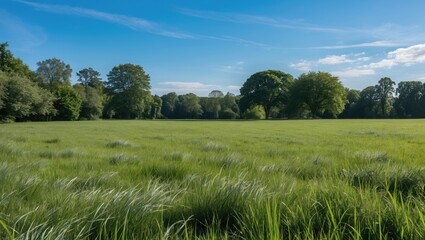 Obraz premium Vast Green Field Under Clear Blue Sky With Trees In Background Tranquil Nature Landscape Ideal For Outdoor or Agricultural Themes