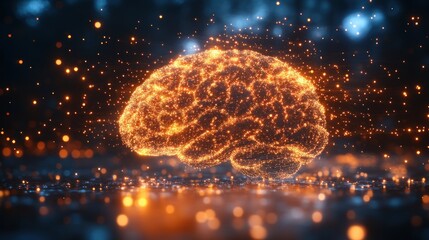 Glowing brain representation with particles, showcasing neural connections in a digital environment