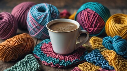 Cozy coffee cup surrounded by colorful yarn and knitted pieces creating a warm, inviting atmosphere for craft lovers and hobbyists.