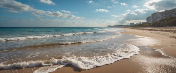 Scenic Beach Landscape on a Bright Sunny Day with Gentle Waves and Clear Sky Ideal for Text Placement