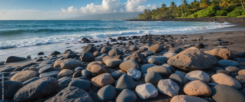 Poster a tranquil maui beach scene featuring a close-up of various rocks with gentle waves and lush greener