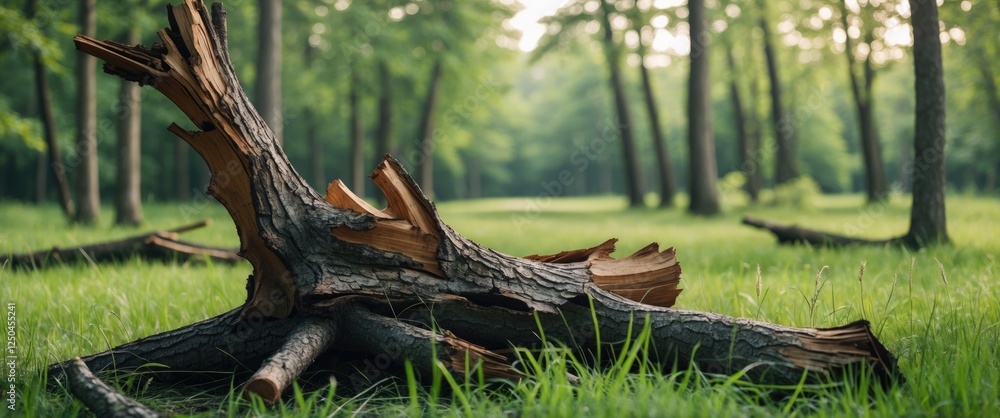 Poster broken tree stump surrounded by lush grass in a tranquil forest setting with ample space for text ov