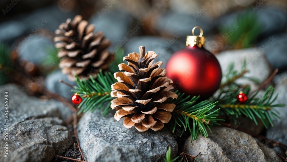 Poster pine cone and red christmas ornament on rustic stone background with evergreen branches creating a f