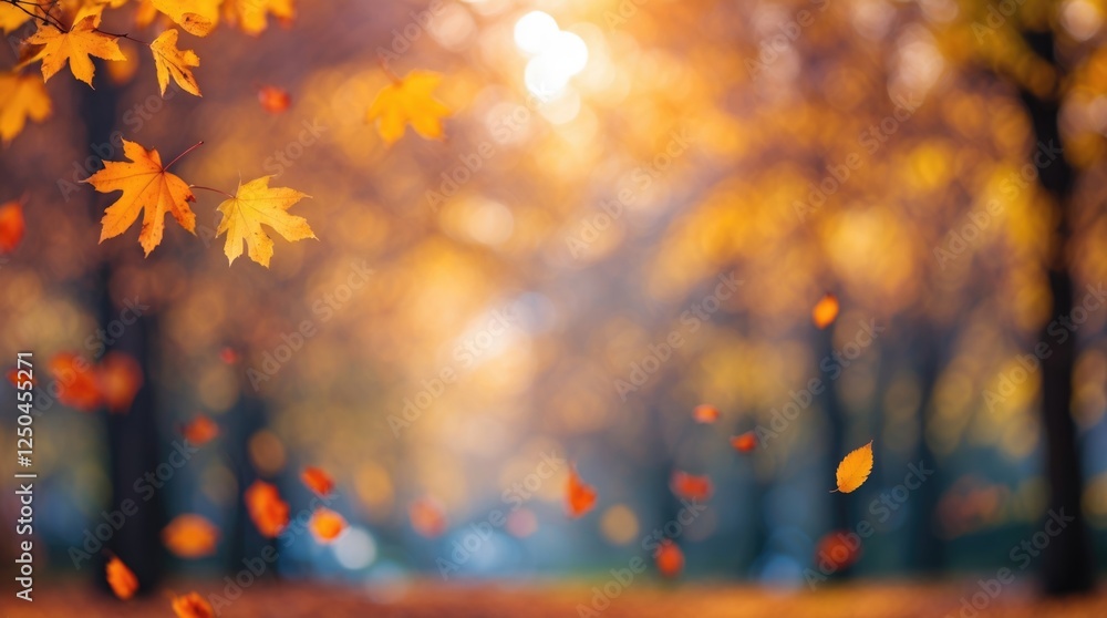 Poster autumn leaves softly falling in a blurred background creating a warm and serene atmosphere perfect f