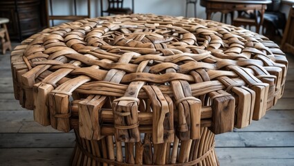 Intricately woven wooden table showcasing craftsmanship and natural elegance in a modern interior setting. Ideal for rustic decor themes.