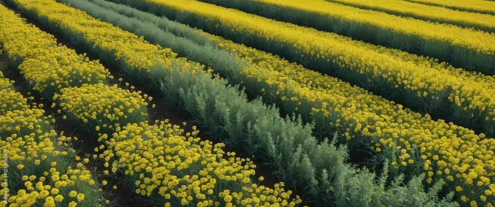 Poster aerial view of vibrant yellow flowering rapeseed fields with green rows ideal for background and tex