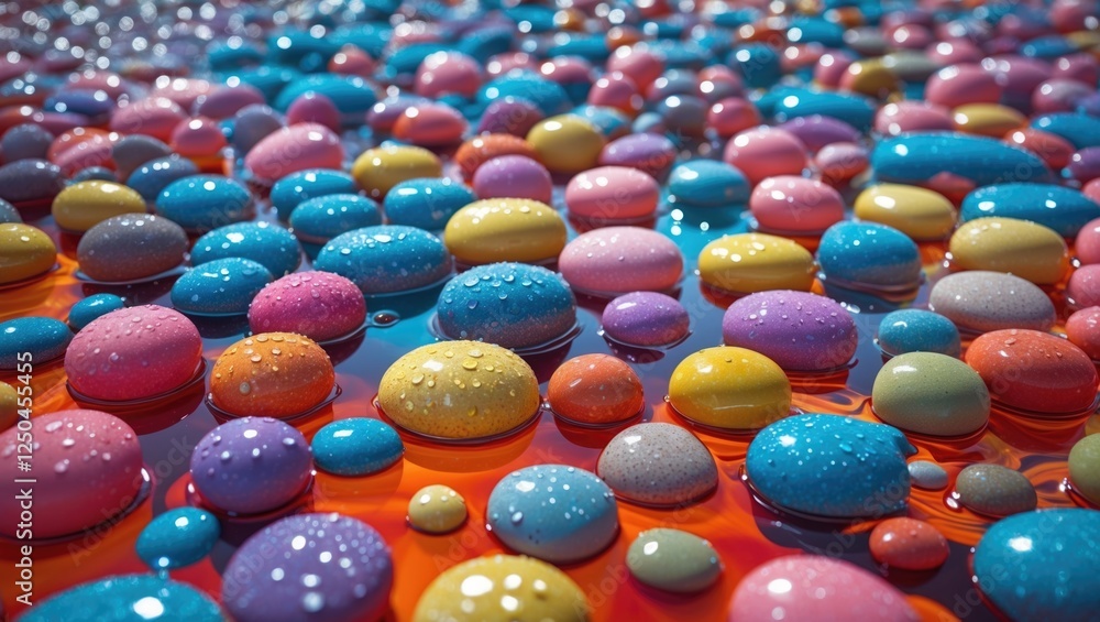 Poster vibrant abstract background featuring wet multicolored round pebbles reflecting light on a fluid sur