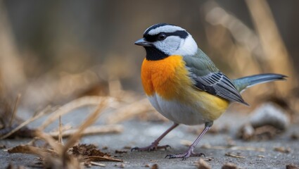 Vibrant portrait of a Eurasian Tit bird perched on the ground showcasing its colorful plumage and intricate details in a natural setting