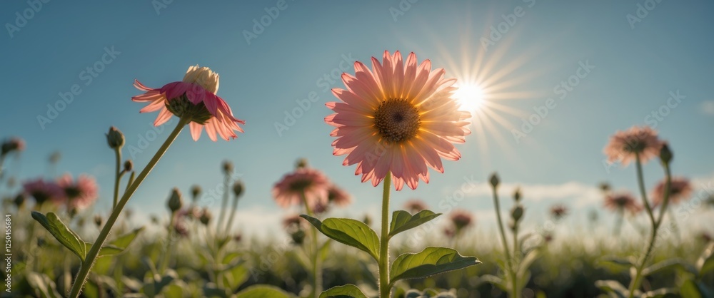 Poster vibrant flower field under sunlight with copy space for text in a colorful nature setting