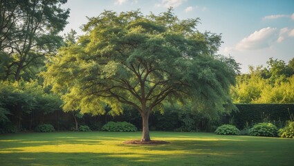 Obraz premium Lush Acacia Tree Surrounded By Green Grass In A Serene Summer Garden With Vibrant Greenery And Clear Blue Sky.