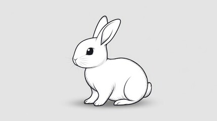 Obraz premium A fluffy white rabbit is sitting calmly, highlighting its rounded body and large ears. The soft fur contrasts against the light gray backdrop, creating a gentle visual appeal