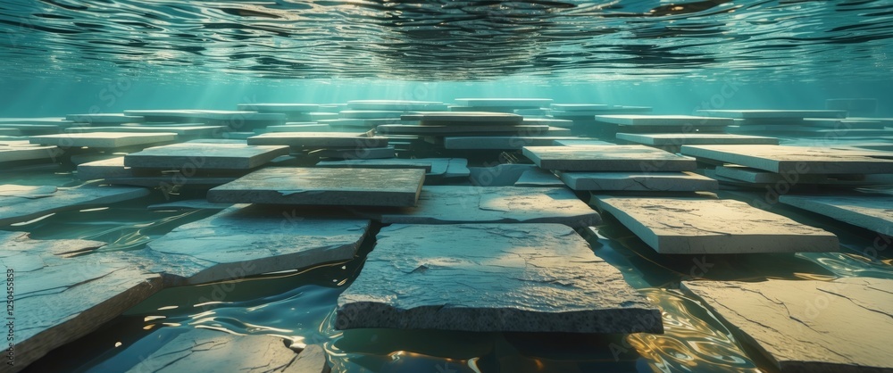 Poster underwater view of flat stone tiles with soft water reflections and rays of light creating an abstra