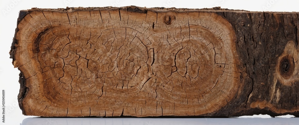 Poster textured wooden log cross-section isolated on white showcasing natural patterns and intricate grain 