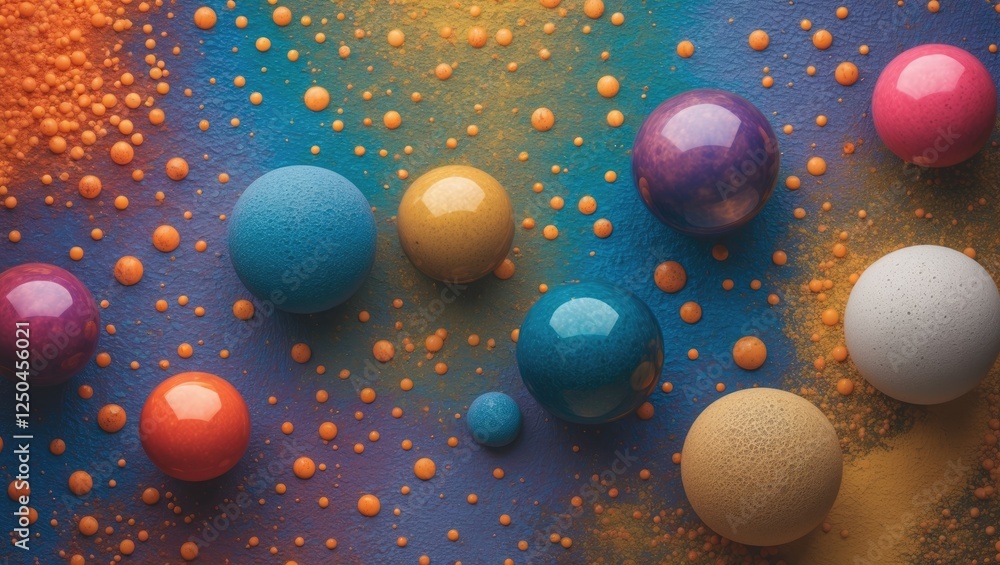 Poster colorful textured background featuring vibrant orbs and speckles creating a playful and dynamic abst