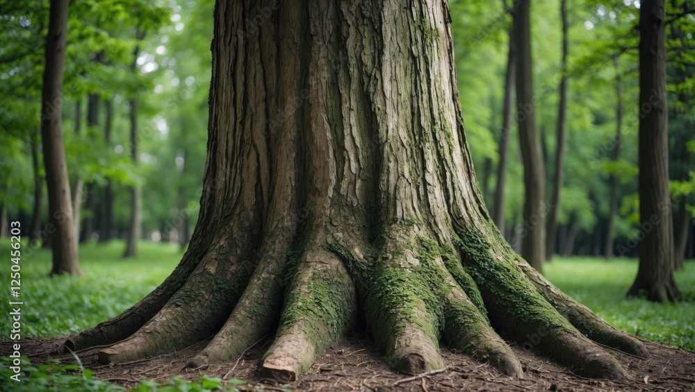 Aufkleber large tree trunk with textured bark surrounded by a lush green forest, featuring ample space for tex