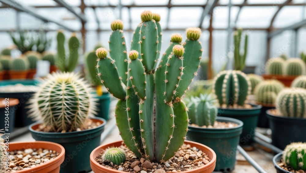 Poster hybrid cactus plants in greenhouse setting surrounded by varied succulents with empty space for text