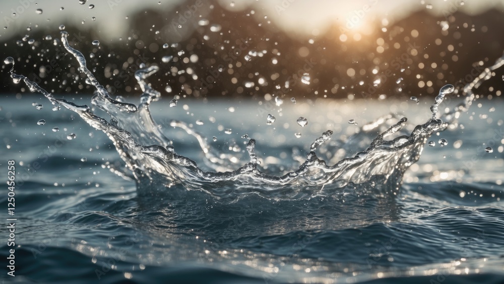 Poster dynamic splashing water creating droplets in serene lake during golden hour sunlight
