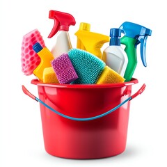 A vibrant bucket filled with colorful cleaning products and tools for effective cleaning.