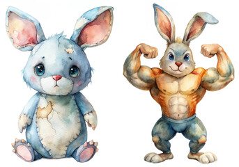 Cute watercolor bunny, muscular rabbit illustration, playful character design, children's art style, vibrant colors.