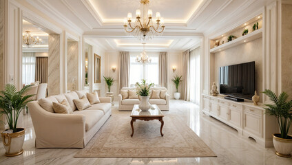 This image depicts a luxurious living room with cream-colored furniture and a coffee table, all arranged on a large beige rug.	
