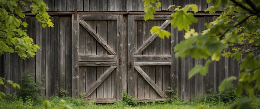 Rustic wooden barn door framed by lush green foliage creating a serene country atmosphere in Missouri's natural landscape.