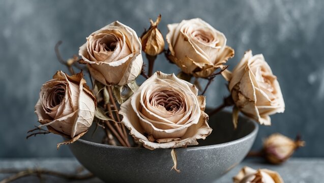 Withered roses in a bowl against a textured gray backdrop showcasing timeless beauty and elegance, ideal for thematic decor and styling.