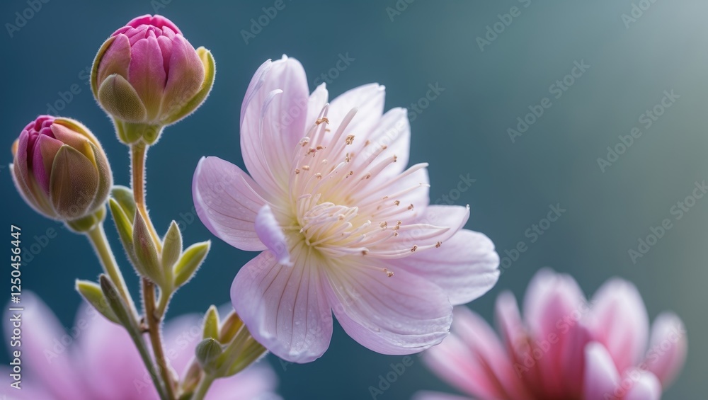 Poster close-up of a delicate blooming flower with buds showcasing soft pastel colors and empty space for t
