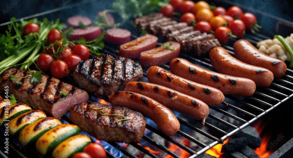 Poster grilled assorted meats and vegetables on barbecue with smoky flames and empty space for text highlig
