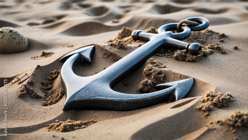Poster anchor resting in sandy beach with space for text overlay and coastal texture
