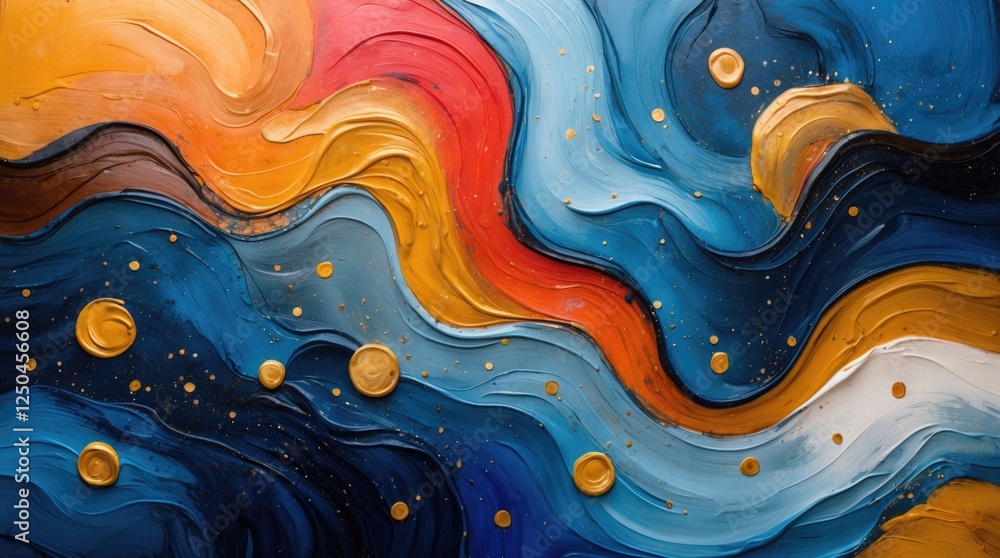 Poster vibrant abstract waves in rich colors with textured brush strokes and golden accents creating a dyna