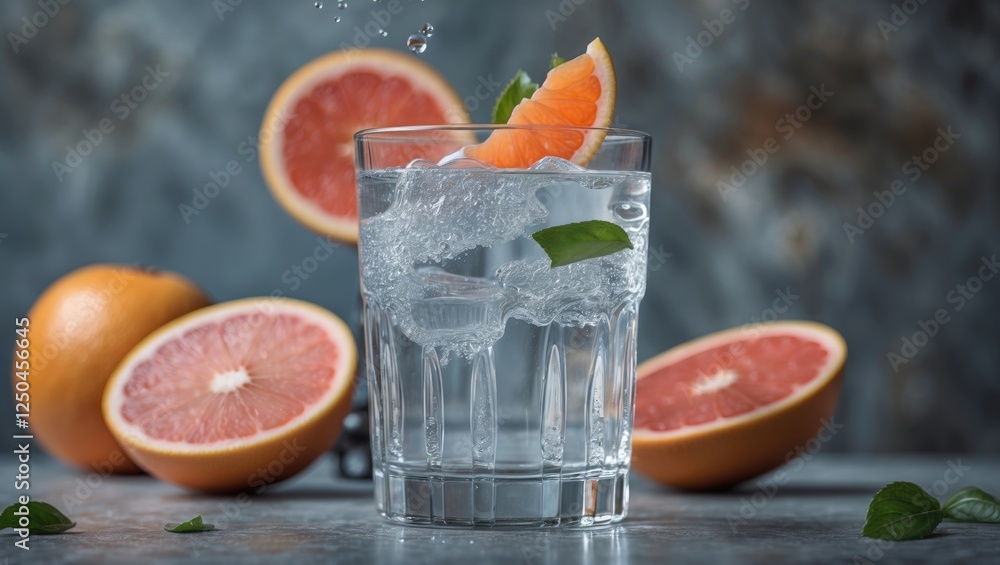 Poster refreshing glass of water with ice and grapefruit slices on a rustic background