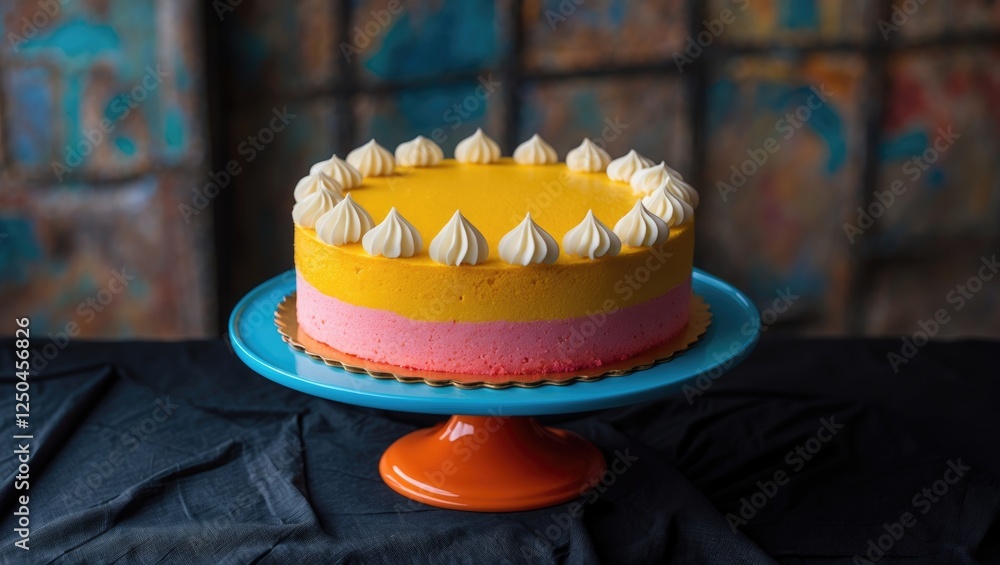 Poster vibrant layered cake on colorful stand against dark background with space for text