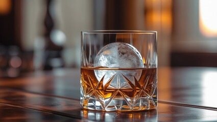 Crystal clear whiskey glass featuring a large spherical ice cube with a warm, inviting ambiance in the background.