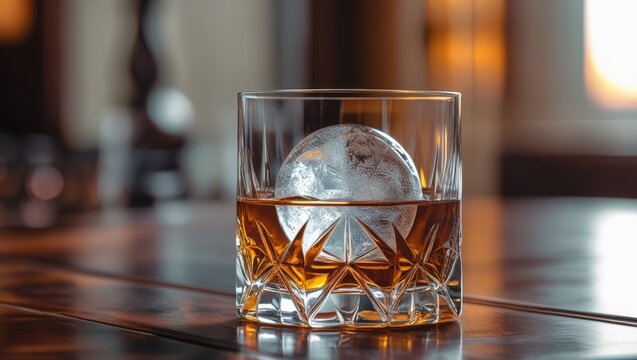 Crystal clear whiskey glass featuring a large spherical ice cube with a warm, inviting ambiance in the background.
