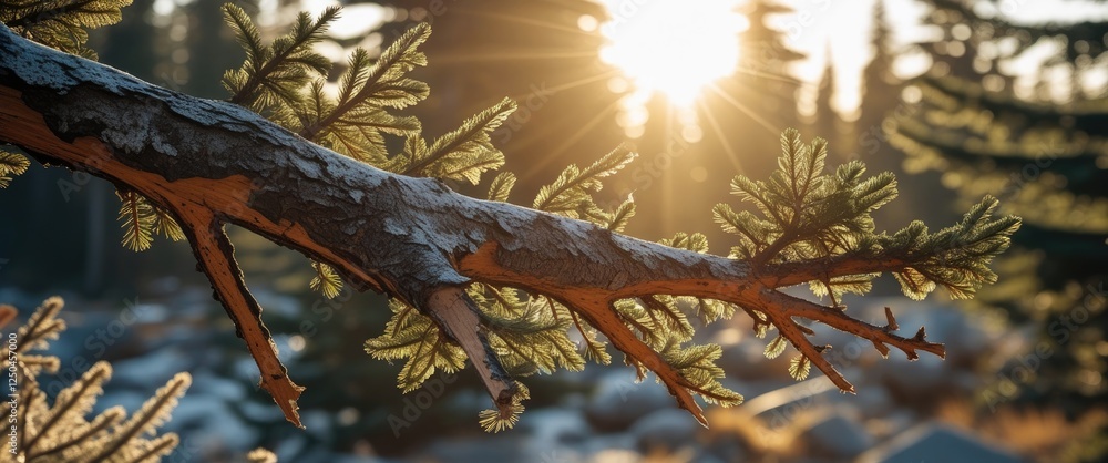Poster sunlit conifer branch with broken tips illuminated by warm sunlight in a serene forest setting.