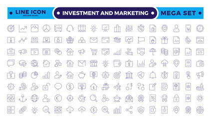 Investment & Marketing icons set. Content, search, marketing, e-commerce, SEO, electronic devices, internet, analysis, social, and more line icon. Editable stroke outline icon.