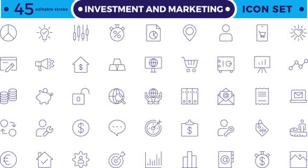 Investment & Marketing icons set. Content, search, marketing, e-commerce, SEO, electronic devices, internet, analysis, social, and more line icon. Editable stroke outline icon.