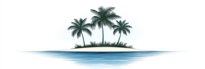 Fototapeta premium A small, tropical island features several tall palm trees surrounded by calm, clear blue water. The sandy beach adds to the peaceful atmosphere, inviting relaxation and tranquility