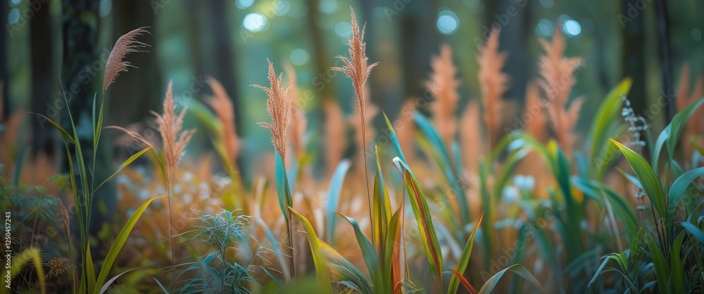 Poster tall grasses in a forest setting with various plants creating a dreamy, soft-focus atmosphere in nat