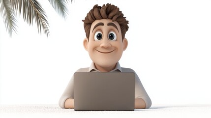 Smiling Cartoon Man Working On Laptop At Tropical Beach