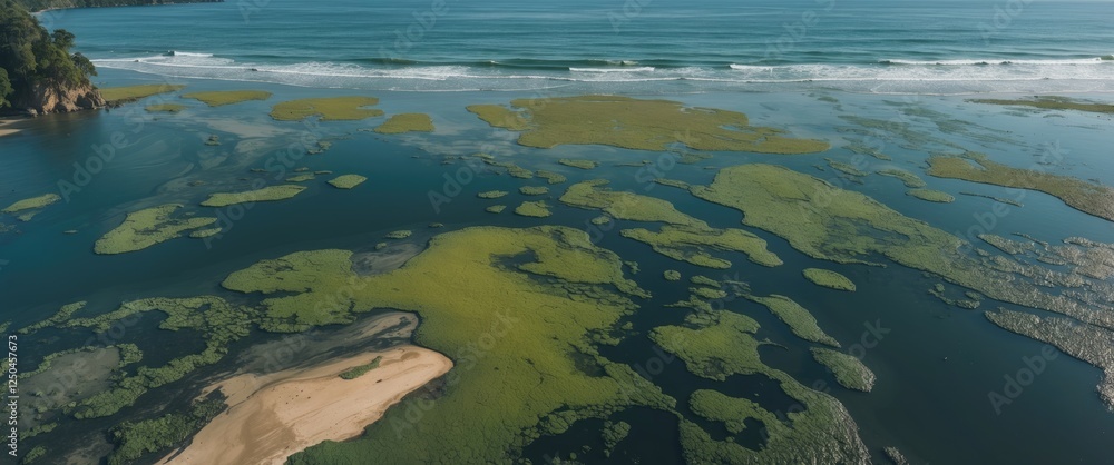 Aufkleber aerial view of beach waters covered with dark algae during monsoon season with clear sky and space f
