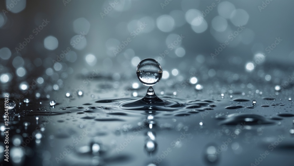 Poster macro shot of a water droplet on a reflective surface creating ripples with a blurred bokeh backgrou