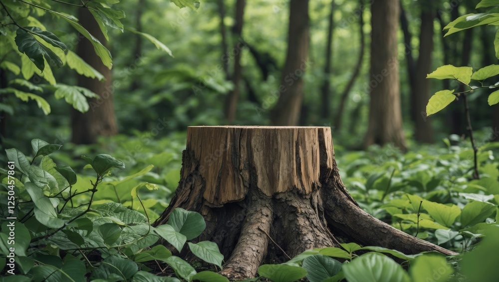 Poster lush green forest with a tree stump in the foreground surrounded by a variety of leaves creating a p