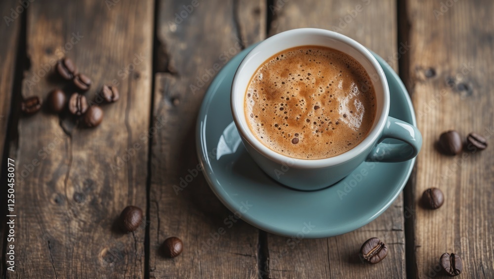 Aufkleber cup of espresso on a wooden table surrounded by coffee beans creating a rustic and inviting atmosphe