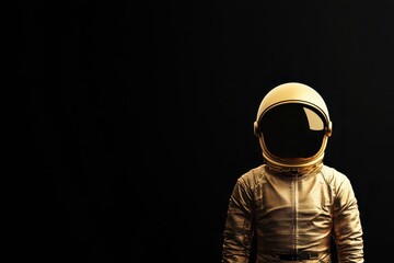 An astronaut wearing a vintage-style space suit stands still in a studio with a black backdrop. The reflective visor adds an intriguing element to the composition