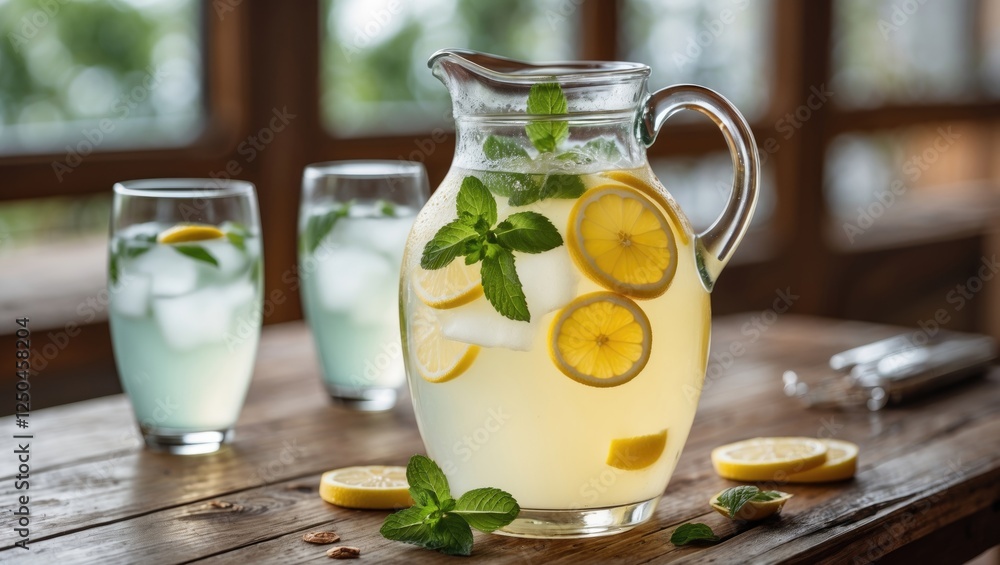 Poster refreshing pitcher of lemonade with mint and lemon slices on rustic wooden table surrounded by glass