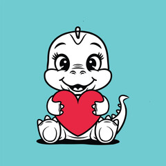 Cute Cartoon Dinosaur Holding a Red Heart – Adorable Kawaii Valentine’s Day Clipart