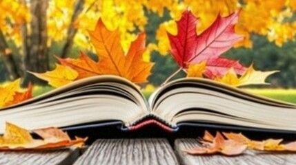 Open book, autumn leaves, park bench, fall background, reading
