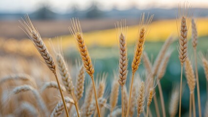 Fototapeta premium Golden Wheat Ears in Springtime with Soft Focus Background of Farm Fields and Vibrant Colors